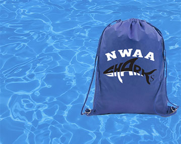 Custom printed drawstring bags for swim teams and other sports or events