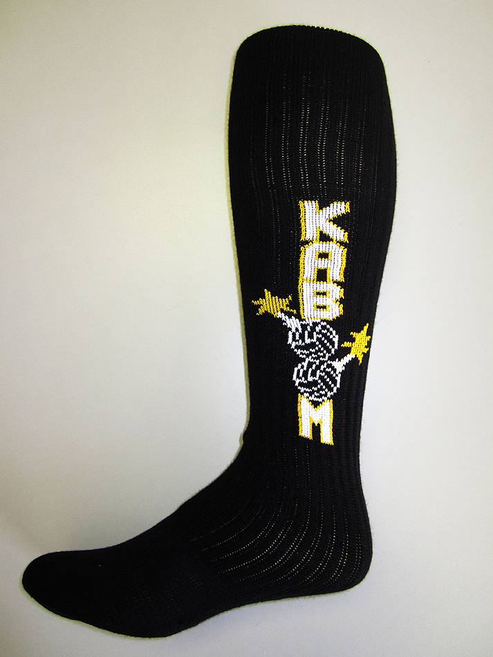 Black custom printed sock with Kaboom for Volleyball team