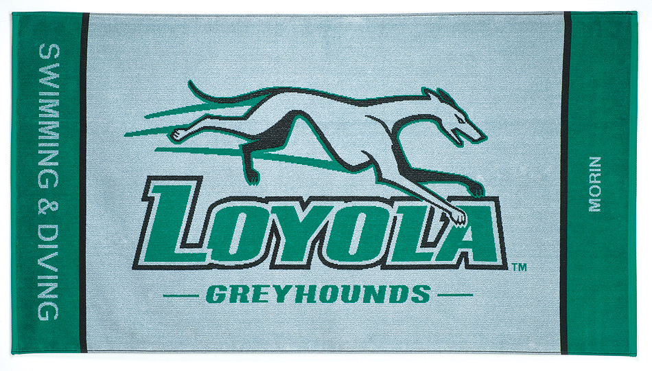 Loyola Greyhounds logo custom printed on green towel