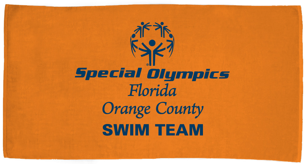 Customized Special Olympics of Orange County Towel - Blue text on orange towel